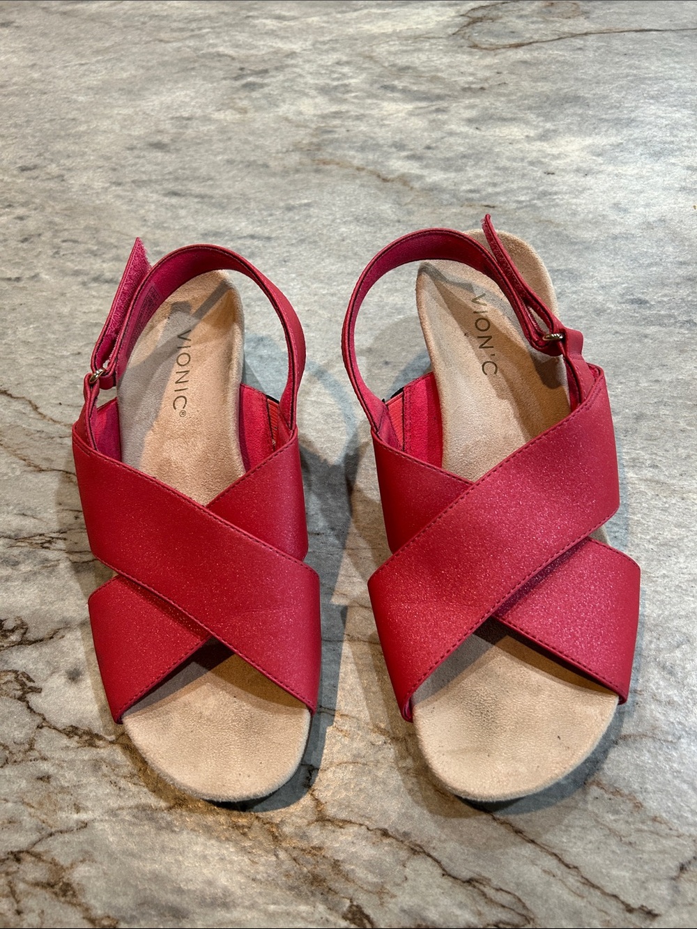 Vionic Slingback Wedge Crisscross Sandals - Metallic red/coral color - size 8